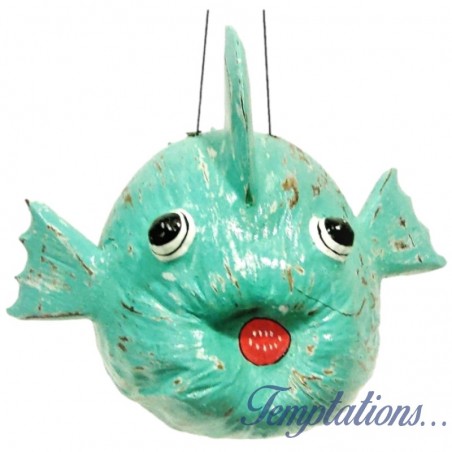 Poisson globe en Noix de Coco patine turquoise