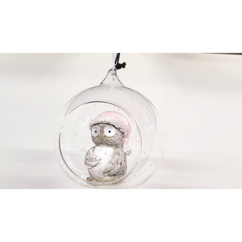 Boule en verre avec hibou au bonnet rose – Dèkoratief