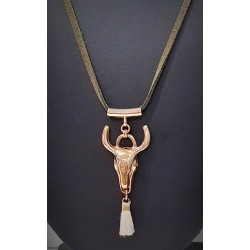 Pendentif tête de buffle doré lanière cuir