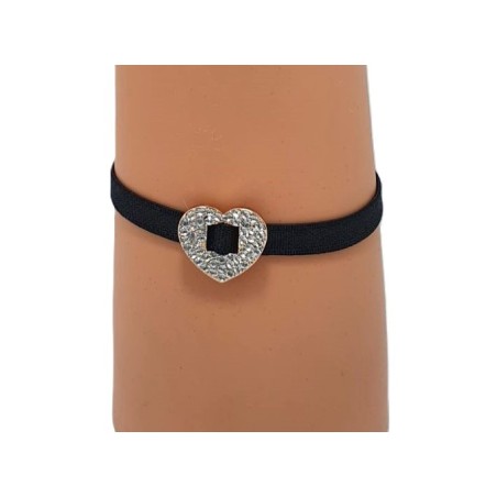 Bracelet élastique noir avec cœur doré en strass