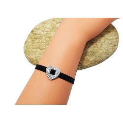 Bracelet élastique noir avec cœur Argenté en strass