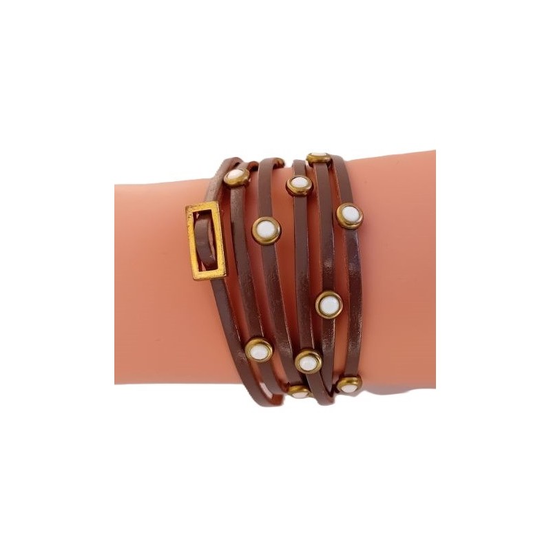 Bracelet en cuir marron 6 tours avec strass