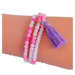 Bracelet 3 tours perles roses et pompon parme – Lucky Team