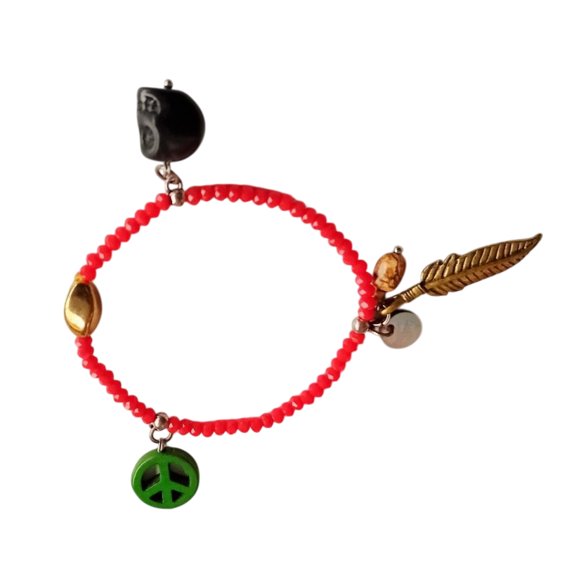 Bracelet de perles rouge avec breloque plume dorée - Moon°C