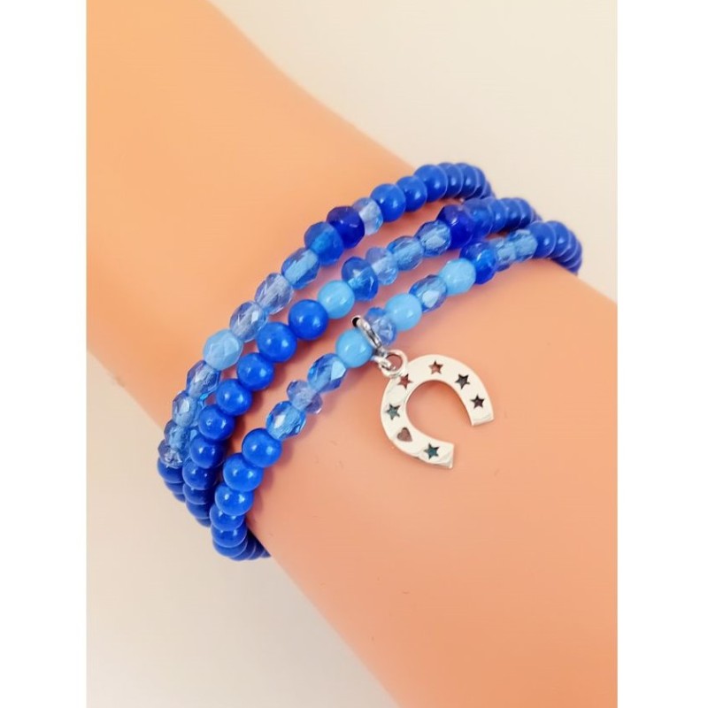 Bracelet 3 tours perles bleues et charm Fer à cheval – Lucky Team