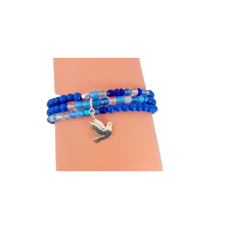 Bracelet 3 tours perles bleues et charm Colombe – Lucky Team