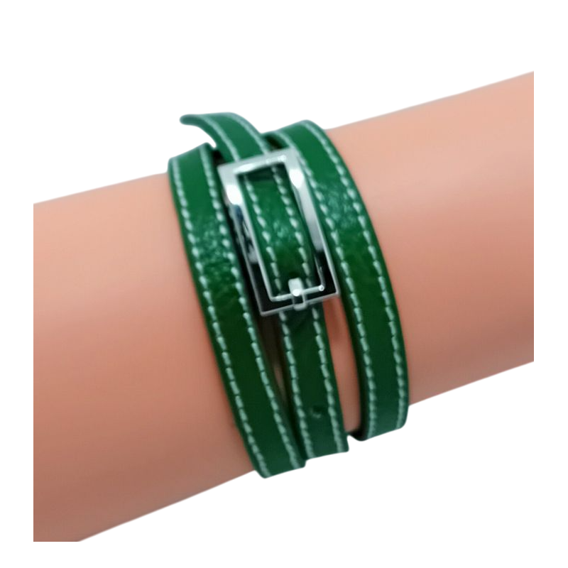 Bracelet en cuir vert triple tours avec boucle en métal rectangulaire