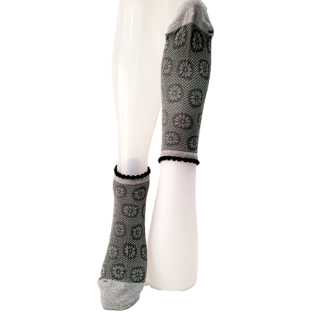 Socquettes Femme kaki/argent fleurs - Berthe aux Grands pieds