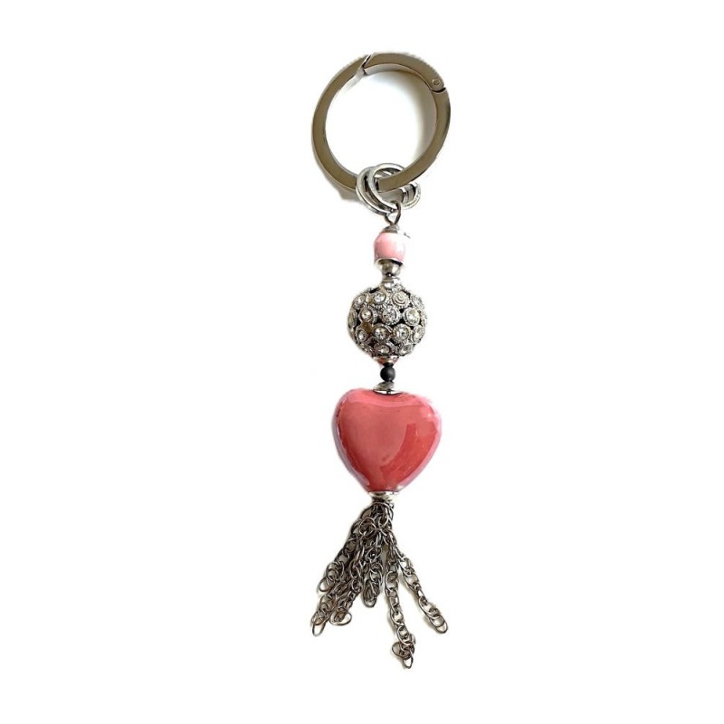 Porte-clés cœur rose et strass argent