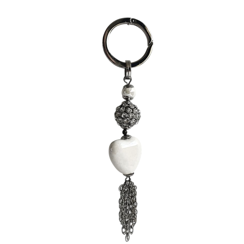 Porte-clés cœur nacre et strass argent