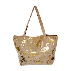 Sac de plage en toile de jute imprimé flamant oror ou argent.