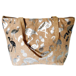 Sac de plage en toile de jute imprimé flamant or ou argent.