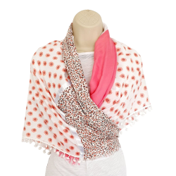 Foulard Ton rose et blanc motifs fleurs et léopard  By Saida