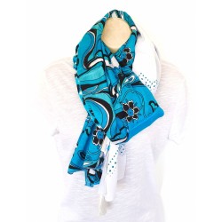 Foulard Ton bleu azur motifs Fleurs et Léopard  By Saida