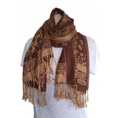 Écharpe Marron/Ocre motifs Léopard & Géométriques