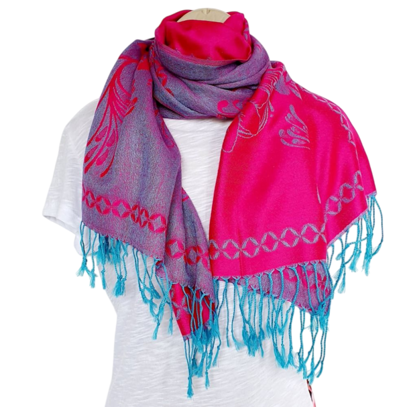 Écharpe Framboise et Turquoise Motif Floral