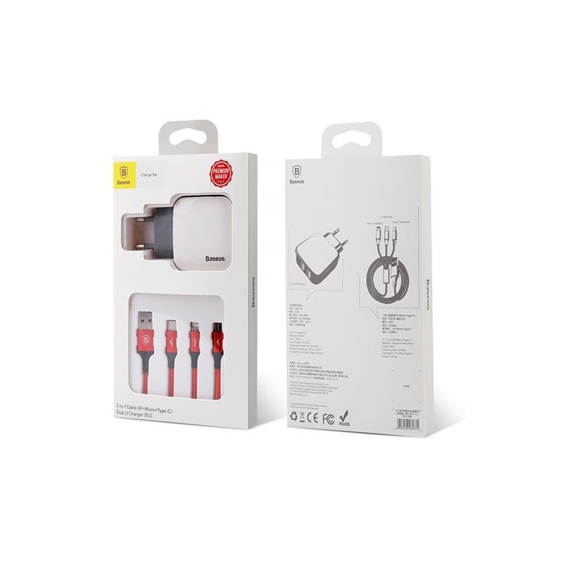 Kit Chargeur Baseus Letour + câble 3 en 1 (type micro USB / Lightning / USB-C)