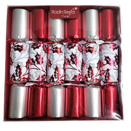 Boite de 6 crackers rouge et argent motif feuilles de houx