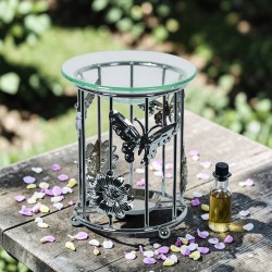 Brûle‑parfum en métal et verre – Motifs papillons & fleurs - Village Candle