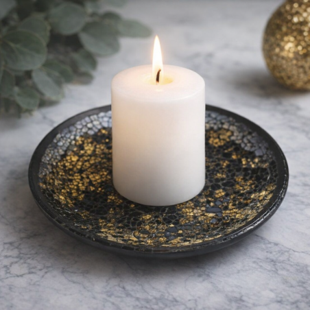 Assiette Support bougie Lustre Mosaïque noire et dorée - Village Candle