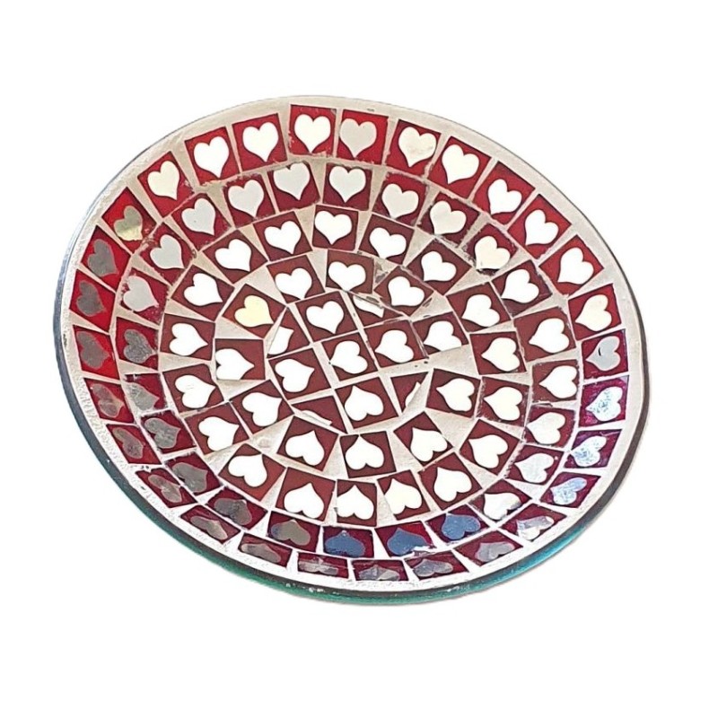 Assiette Support bougie Mosaïque rouge et cœurs miroir  - Village Candle