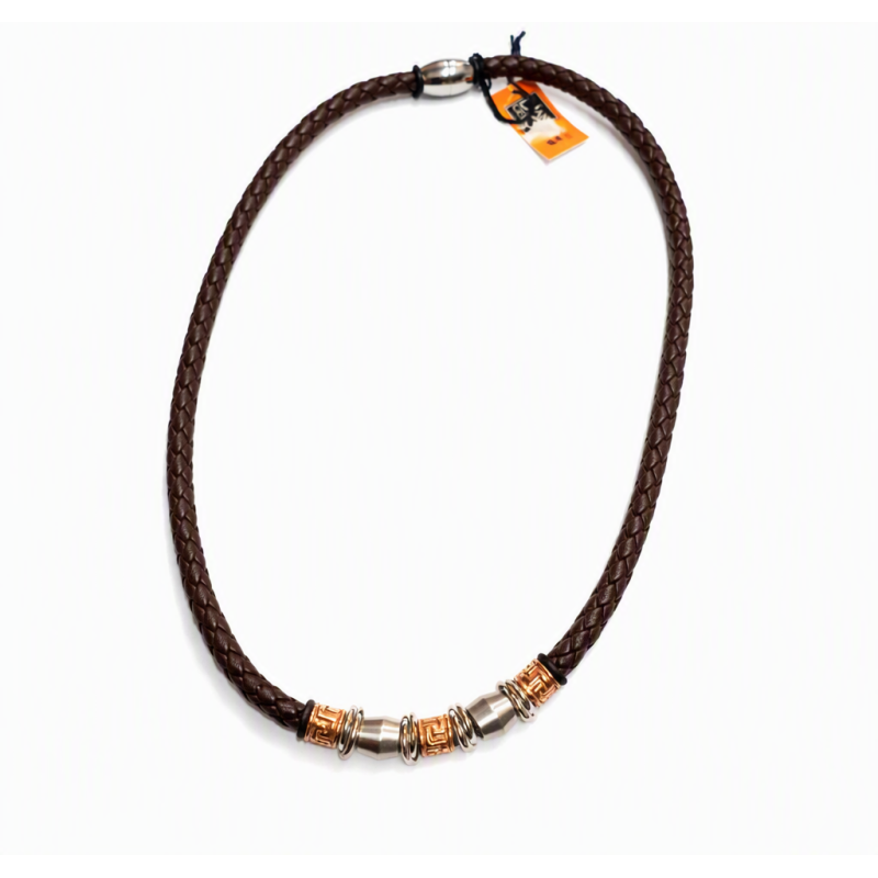 Collier homme en cuir tressé marron et acier cuivre/argent (50cm)