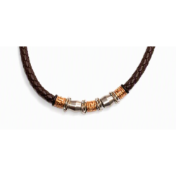 Collier homme en cuir tressé marron et acier or/argent (45 cm)