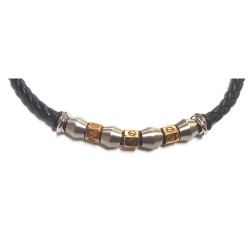 Collier homme en cuir tressé noir et acier or/argent (50 cm)