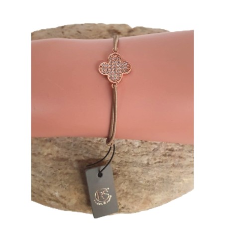Bracelet cordon beige – Trèfle pavé de zirconiums
