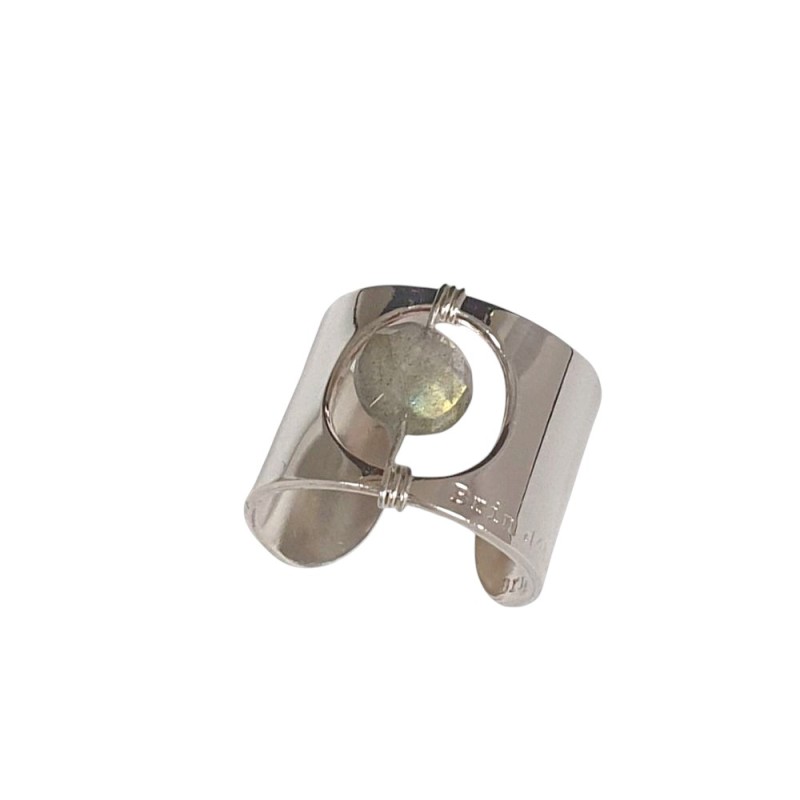 Bague large en métal argenté et pierre en suspension - Bijoux Brin d'Amour