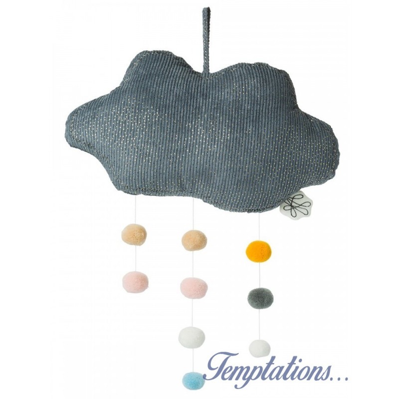 Nuage en Velours Côtelé gris avec Pompons Picca Loulou